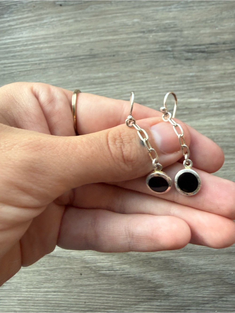 Sterling Silver 925 Chain Drop Earrings with Black Round Synthetic Onyx Inlay